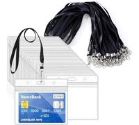 Lot de 15 cordons noirs pour tour de cou avec 15 porte-cartes en plastique transparent - Porte-badges horizontaux et étanches avec cordon pour cartes d'identité, bureau, école, laissez-passer de bus