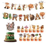 Lot de 15 Décorations d'anniversaire Animaux de la Forêt, Bannière Joyeux Anniversaire Multicolore, Décoration de Gâteau pour Fête, Party, Cérémonie - Happy Birthday Drapeau Décoration Bricolage