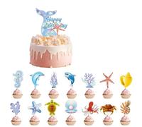 Lot de 15 décorations de cupcakes en forme d'animaux de l'océan pour garçons, enfants, fête d'anniversaire sous la mer - Décoration thème océan pour gâteaux et cupcakes