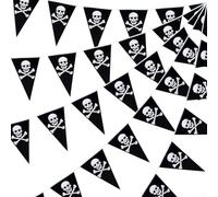 Lot de 15 fanions de pirates pour Halloween - Décoration de fête - 5 m - Noir et blanc - Motif tête de mort - Drapeau triangulaire - Bannière d'anniversaire - Utilisation intérieure et extérieure