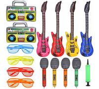 Lot de 15 instruments de musique gonflables avec pompe - Guitare, microphones, radios et lunettes d'obturation de 95 cm - Thème des années 80 et 90, enterrement de vie de jeune fille, enterrement de