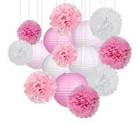 Lot de 15 lanternes en papier et pompons décoratifs à suspendre pour mariage, anniversaire, fête prénatale, rose/blanc