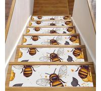 Lot de 15 marches d'escalier antidérapantes - Motif abeille mignonne et fleur de miel - Pour intérieur en bois - Lavables et réutilisables - Pour enfants et chiens - 20,3 x 76,2 cm