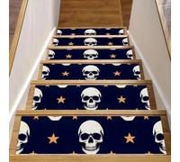 Lot de 15 marches d'escalier antidérapantes pour marches en bois, 20,3 x 76,2 cm, tapis de sécurité pour enfants, personnes âgées et chiens, crânes humains et étoiles sur fond bleu marine