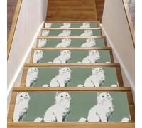 Lot de 15 marches d'escalier antidérapantes pour marches en bois, 20,3 x 76,2 cm, tapis de sécurité pour enfants, personnes âgées et chiens, chats blancs sur fond vert sauge