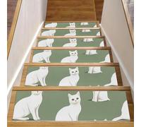 Lot de 15 marches d'escalier antidérapantes pour marches en bois, 20,3 x 76,2 cm, tapis de sécurité pour enfants, personnes âgées et chiens, chats blancs mignons sur fond vert sauge