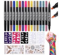 Lot de 15 marqueurs de tatouage temporaire pour la peau, 15 stylos de tatouage à double extrémité + 50 pochoirs de peinture + 43 autocollants de tatouage, paillettes, mats et fluo fluorescents, kit de