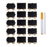 Lot de 15 Mini Ardoises de Table avec Chevalet, 3 Formes en Bois Noir, avec 2 Feutres Craie,Mini Tableau Noir pour Buffet,Mariage,Fête, Étiquettes Ardoise de Buffet,Petite Ardoise Message Réutilisable
