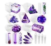 Lot de 15 moules en résine de cristal, moules à pendule en cristal comprenant un moule pyramidal en résine silicone, un moule à cône rond, une sphère, cône triangulaire, cube pierres préc