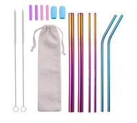 Lot de 15 pailles réutilisables en acier inoxydable, pailles colorées respectueuses de l'environnement avec embouts en silicone, brosse de nettoyage, pochette