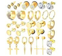 Lot de 15 paires de boucles d'oreilles pour homme et femme - Style gothique punk Y2K - En acier inoxydable - Boucles d'oreilles créoles pendantes en forme de croix - Noir argent et or - Cadeau