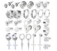 Lot de 15 paires de boucles d'oreilles pour homme et femme - Style gothique punk Y2K - En acier inoxydable - Boucles d'oreilles créoles pendantes en forme de croix - Noir argent et or - Cadeau