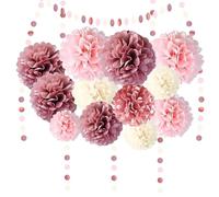 Lot de 15 pompons en papier de soie rose et blanc avec pompons en papier et guirlande à pois, pour mariage, bal de fin d'année, fête prénatale, anniversaire