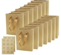 Lot de 15 sacs cadeaux avec poignée en papier avec 2 autocollants de remerciement - Petits sacs cadeaux pour anniversaire, mariage (marron)