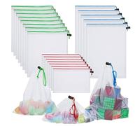 Lot de 15 sacs réutilisables en maille pour le rangement de jouets et les courses, sacs en polyester lavables et respectueux de l'environnement, 3 tailles pour fruits, légumes, jouets, légers et