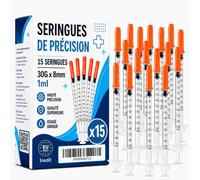 Lot de 15 Seringues de Précision 1 ml Avec Embout Fin 30g x8mm | [Société Française] Outils de Dosage pour Liquides et Laboratoire Emballage Individuel - Non Destiné à un Usage Médical