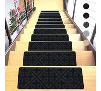 Lot de 15 tapis de marches d'escalier antidérapants pour marches intérieures (19 x 55 cm, noir)