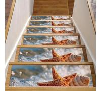 Lot de 15 tapis d'escalier antidérapants - 20,3 x 76,2 cm - Lavable en machine - Pour marches en bois, étoiles de mer et coquillages sur la plage d'été dans l'eau de mer