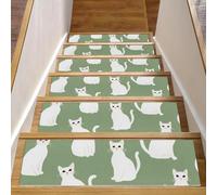 Lot de 15 tapis d'escalier antidérapants avec envers en TPE pour enfants, personnes âgées, chiens (15 pièces, chats blancs mignons sur fond vert sauge) 20,3 x 76,2 cm