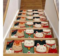 Lot de 15 tapis d'escalier antidérapants avec envers en TPE pour enfants, personnes âgées, chiens (15 pièces, chats porte-bonheur mignons sans couture sur fond rouge) 20,3 x 76,2 cm