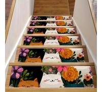 Lot de 15 tapis d'escalier antidérapants avec envers en TPE pour enfants, personnes âgées, chiens, 20,3 x 76,2 cm, (15 pièces, chats mignons avec différents fonds de fleurs)