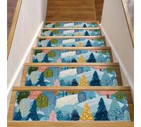 Lot de 15 tapis d'escalier antidérapants avec envers en TPE pour enfants, personnes âgées, chiens, 20,3 x 76,2 cm, paysage d'hiver coloré avec motif d'arbre de Noël sans couture