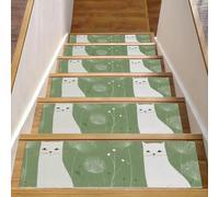 Lot de 15 tapis d'escalier antidérapants avec envers en TPE pour enfants, personnes âgées, chiens, 20,3 x 76,2 cm, motif chats blancs élégants sur fond vert sauge