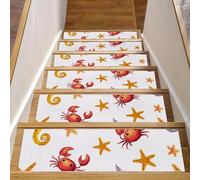 Lot de 15 tapis d'escalier antidérapants avec envers en TPE pour enfants, personnes âgées, chiens, hippocampes jaunes, crabes rouges et étoiles de mer, 20,3 x 76,2 cm