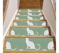 Lot de 15 tapis d'escalier antidérapants de 20,3 x 76,2 cm, lavables en machine, pour marches en bois, chats blancs sur fond vert sauge