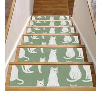 Lot de 15 tapis d'escalier antidérapants de 20,3 x 76,2 cm, lavables en machine, tapis d'escalier d'intérieur pour marches en bois, chats animaux blancs sur fond vert sauge