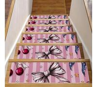 Lot de 15 tapis d'escalier antidérapants de 20,3 x 76,2 cm, lavables en machine, tapis d'escalier d'intérieur pour marches en bois, nœuds, cerises et étoiles sur fond rose rayé