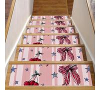 Lot de 15 tapis d'escalier antidérapants de 20,3 x 76,2 cm, lavables en machine, tapis d'escalier d'intérieur pour marches en bois, nœuds mignons, baies de cerises et étoiles sur fond rose rayé