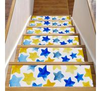 Lot de 15 tapis d'escalier antidérapants de 20,3 x 76,2 cm, lavables en machine, tapis d'escalier d'intérieur pour marches en bois, joli motif étoiles bleues et jaunes
