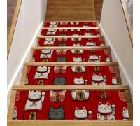 Lot de 15 tapis d'escalier antidérapants de 20,3 x 76,2 cm, lavables en machine, tapis d'escalier d'intérieur pour marches en bois, chats porte-bonheur mignons sur fond rouge