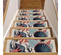 Lot de 15 tapis d'escalier antidérapants - Lavable en machine - Pour marches en bois, gribouillage, coquillages d'océan, étoiles de mer, algues et corail - 20,3 x 76,2 cm