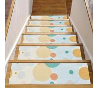 Lot de 15 tapis d'escalier antidérapants pour marches d'escalier en bois, 76,2 x 20,3 cm, cercles ronds jaunes et bleus pour chiens, enfants, personnes âgées