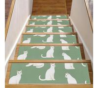Lot de 15 tapis d'escalier antidérapants pour marches en bois, 20,3 x 76,2 cm, pour enfants, personnes âgées et animaux domestiques, chats blancs élégants sur fond vert sauge