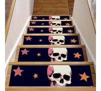 Lot de 15 tapis d'escalier antidérapants pour marches en bois, 20,3 x 76,2 cm, pour enfants, personnes âgées et animaux domestiques, crânes humains et étoiles sur fond bleu