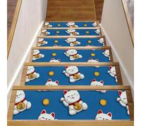 Lot de 15 tapis d'escalier antidérapants pour marches en bois, 20,3 x 76,2 cm, pour enfants, personnes âgées et animaux domestiques, chats porte-bonheur mignons avec pièces de monnaie sur fond bleu