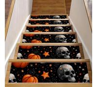 Lot de 15 tapis d'escalier antidérapants pour marches en bois, 20,3 x 76,2 cm, pour enfants, personnes âgées et animaux domestiques, citrouilles, crânes et étoiles, motif noir