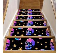 Lot de 15 tapis d'escalier antidérapants pour marches en bois, 20,3 x 76,2 cm, pour enfants, personnes âgées et animaux domestiques, crânes humains et étoiles jaunes sur fond noir