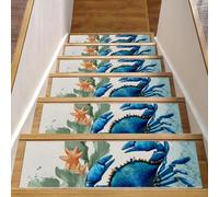 Lot de 15 tapis d'escalier antidérapants pour marches en bois, 20,3 x 76,2 cm, pour enfants, personnes âgées et animaux de compagnie, aquarelle, crabe, algues marines avec feuilles, bulles et étoiles