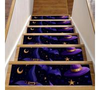 Lot de 15 tapis d'escalier antidérapants pour marches en bois, 20,3 x 76,2 cm, pour enfants, personnes âgées et animaux domestiques, chapeau magique d'Halloween, chauve-souris, étoiles, motif nuit