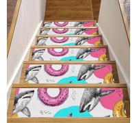 Lot de 15 tapis d'escalier antidérapants pour marches en bois, 20,3 x 76,2 cm, tapis d'escalier d'intérieur pour enfants, personnes âgées et animaux domestiques, requins mignons et flotteurs de