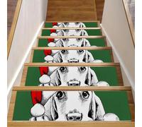 Lot de 15 tapis d'escalier antidérapants pour marches en bois, pour enfants, personnes âgées et animaux domestiques avec adhésif réutilisable, motif chien joyeux Noël avec chapeau rouge, peinture vert