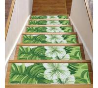 Lot de 15 tapis d'escalier antidérapants réutilisables avec fleurs d'hibiscus vertes et neutres, 20,3 x 76,2 cm, pour marches d'escalier en bois d'intérieur