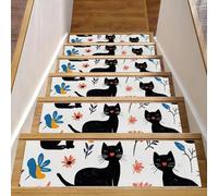 Lot de 15 tapis d'escalier antidérapants réutilisables pour marches en bois d'intérieur - Motif chats et fleurs - 20,3 x 76,2 cm
