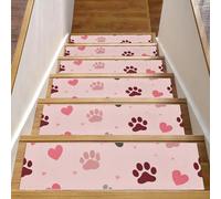 Lot de 15 tapis d'escalier d'intérieur avec envers antidérapant, 20,3 x 76,2 cm pour marches en bois, tapis d'escalier doux pour enfants, animaux domestiques, pattes de chien mignonnes et cœurs sur