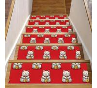 Lot de 15 tapis d'escalier d'intérieur avec envers antidérapant, 20,3 x 76,2 cm pour marches en bois, tapis d'escalier doux pour enfants et animaux domestiques, motif chats porte-bonheur mignons sans