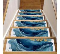 Lot de 15 tapis d'escalier d'intérieur avec envers antidérapant, 20,3 x 76,2 cm pour marches en bois, tapis d'escalier doux pour enfants et animaux de compagnie, aquarelle, baleine, algues marines